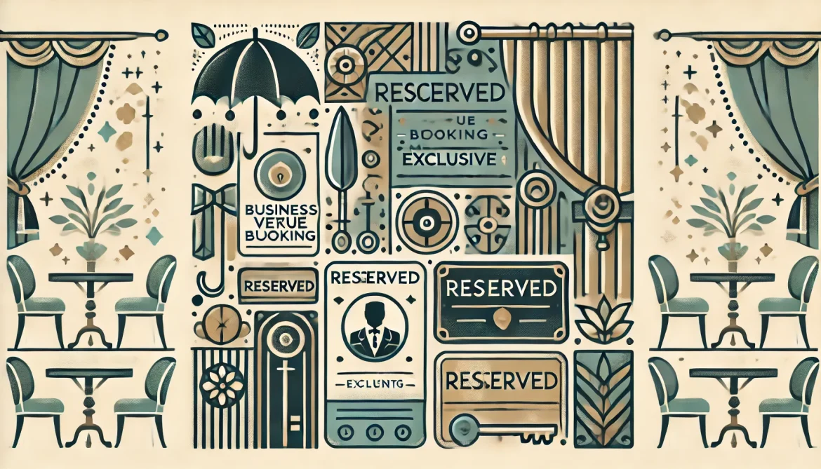 DALL·E 2024-08-20 21.45.41 – An illustration in a stylized, minimalist, and elegant design similar to the provided image. The theme should focus on a ‘Business Venue Booking’ or ‘