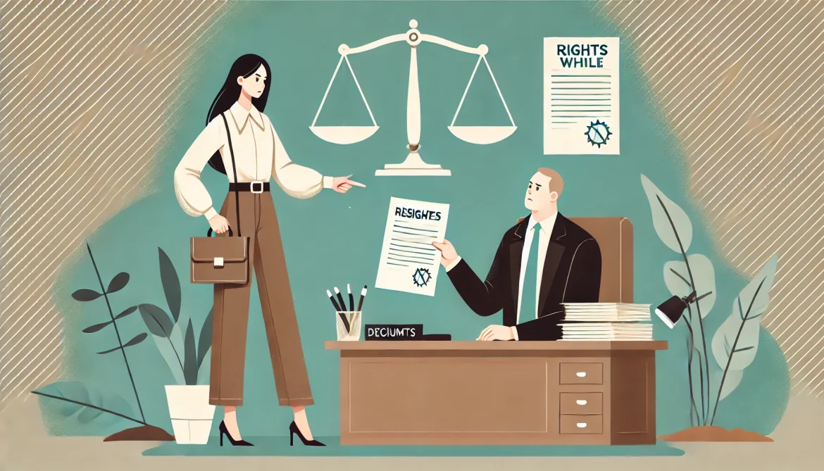 DALL·E 2024-10-06 21.27.04 – An illustration in the same style as the previous images, showing an employee not only resigning but also advocating for their rights while resigning