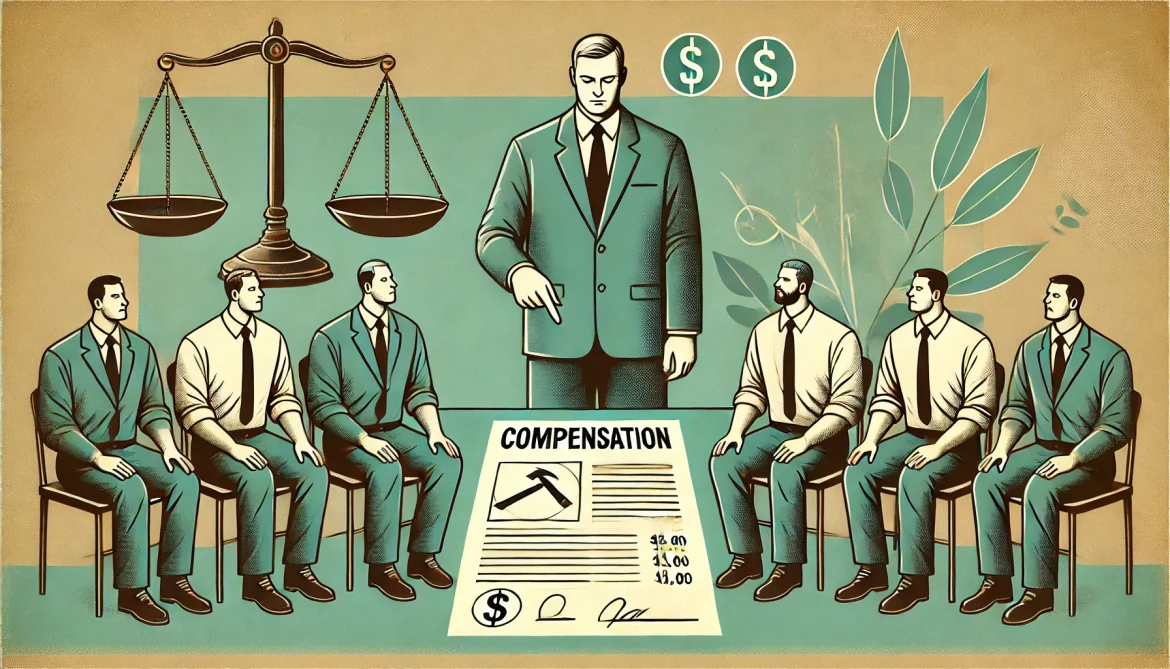 DALL·E 2024-10-06 21.32.55 – An illustration in the same style as the previous images, depicting workers involved in a joint liability situation for compensation. The image should