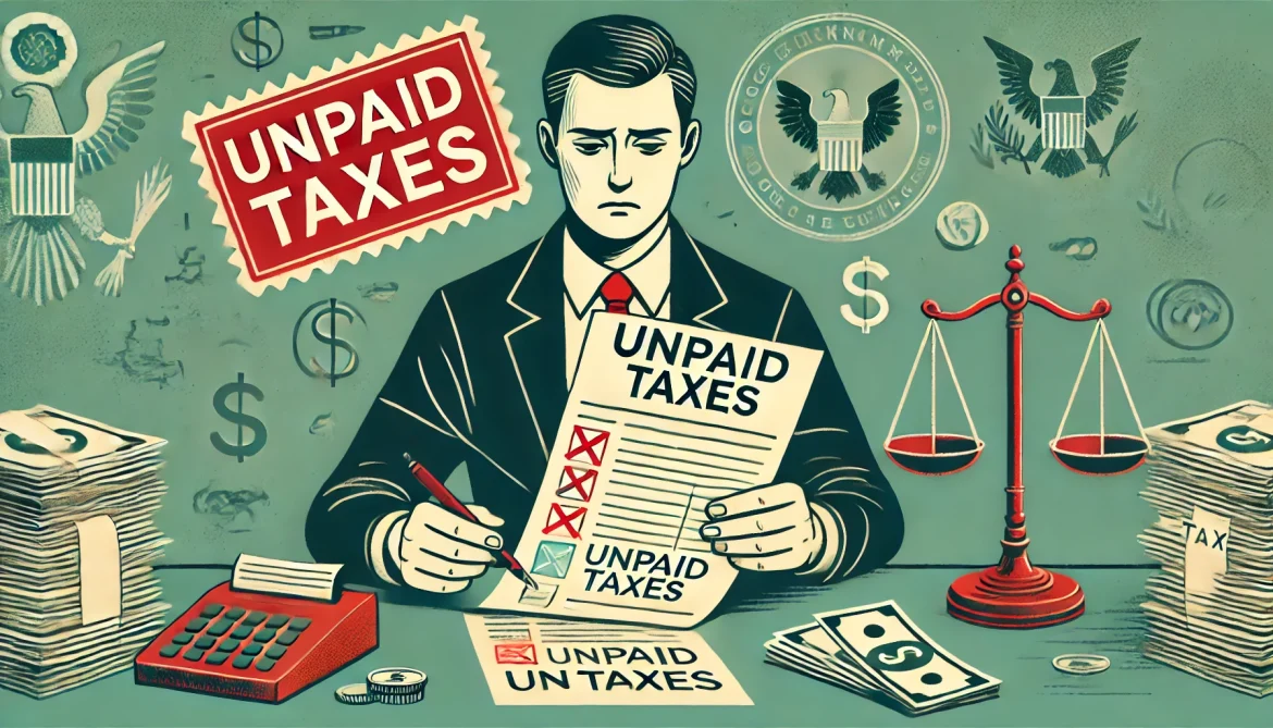 DALL·E 2024-10-06 21.35.03 – An illustration in the same style as the previous images, depicting a company leader being held accountable for unpaid taxes. The image should show th