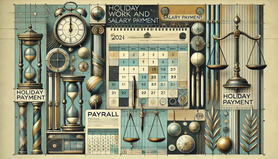 DALL·E 2025-01-03 17.41.08 – A sophisticated and stylized illustration themed around _holiday work and salary payment,_ inspired by modern legal and financial office design. The c